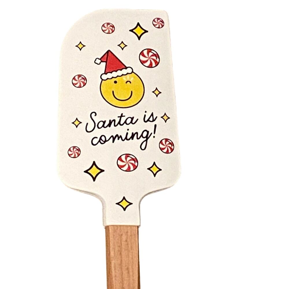 Williams Sonoma SPATULA Silicone & Wood Santa Is Coming Smiley Face Holiday